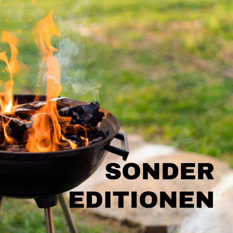Kugelgrill vor grüner Wiese und Schriftzug Sondereditionen